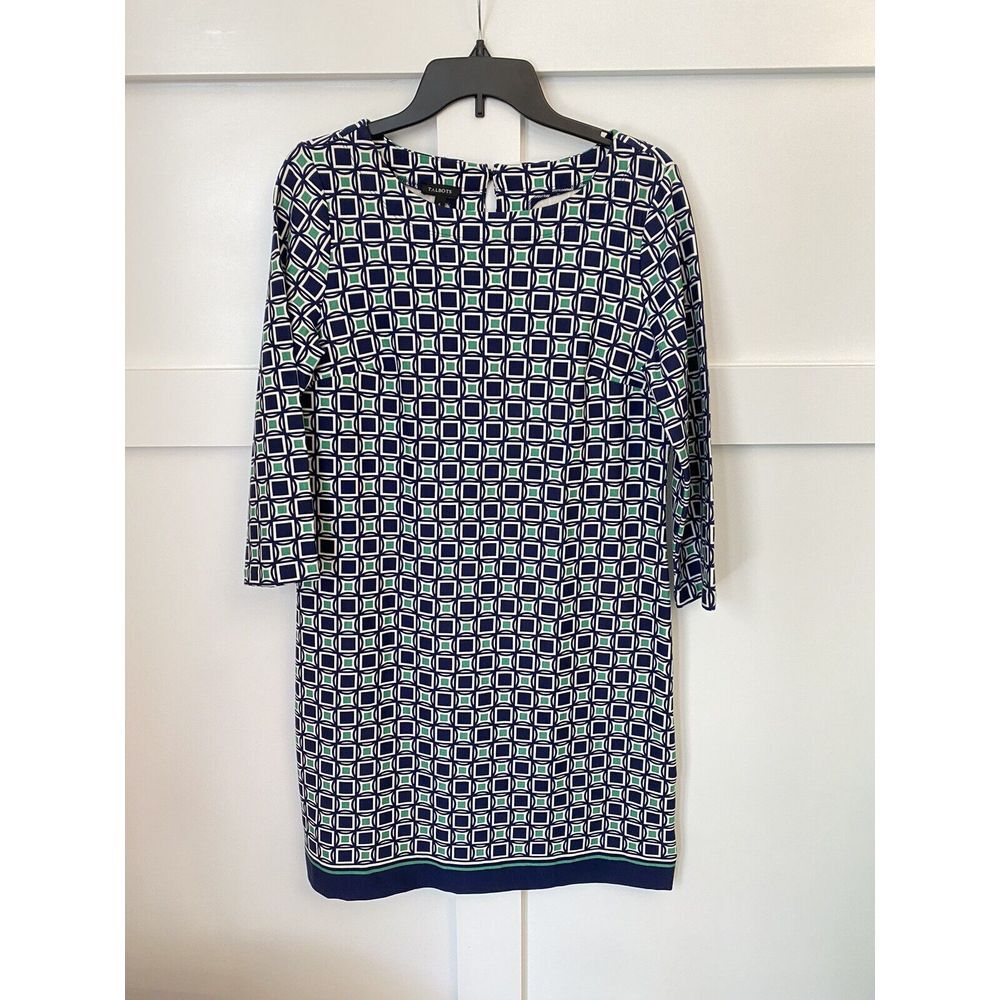 Talbots 6 Womens Shift Dress Geo Print 3/4 Sleeve Stretch Scoop Neck Blue Green